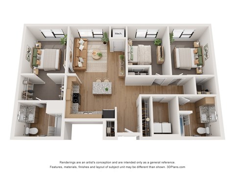 Floor plan for 3 beds, 2 baths, 1237 sqft